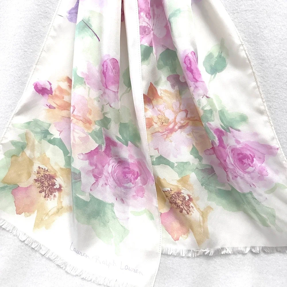 Vtg Ralph Lauren Silk Scarf 54x12 Watercolor Floral Purple Pink Cream Light Soft